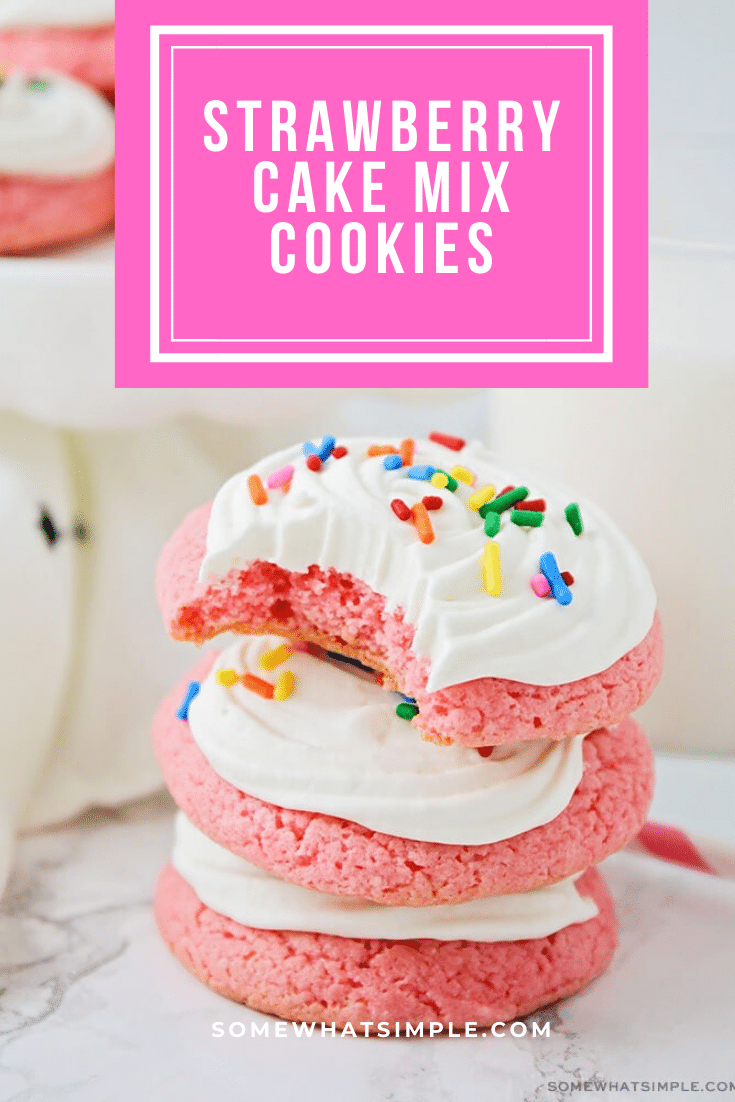 Strawberry cake mix cookies are so easy to make, and have the most delicious strawberry flavor!  Using your favorite box of cake mix, you can make this cookie recipe in just minutes with virtually no hassle! #strawberrycakemixcookies #strawberrycakeboxcookies #howtomakecookieswithcakemix #strawberrycakemixcookierecipe #strawberrycakemixcookieswithcreamcheesefrosting #easycookierecipe via @somewhatsimple