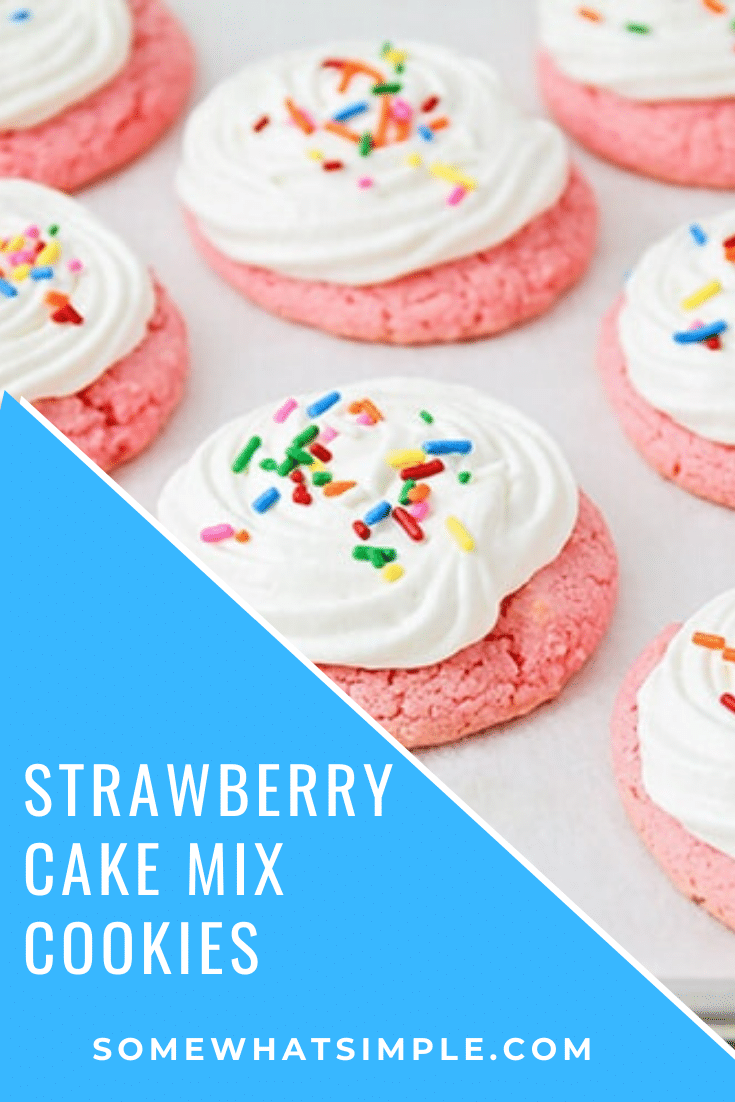 Strawberry cake mix cookies are so easy to make, and have the most delicious strawberry flavor!  Using your favorite box of cake mix, you can make this cookie recipe in just minutes with virtually no hassle! #strawberrycakemixcookies #strawberrycakeboxcookies #howtomakecookieswithcakemix #strawberrycakemixcookierecipe #strawberrycakemixcookieswithcreamcheesefrosting #easycookierecipe via @somewhatsimple