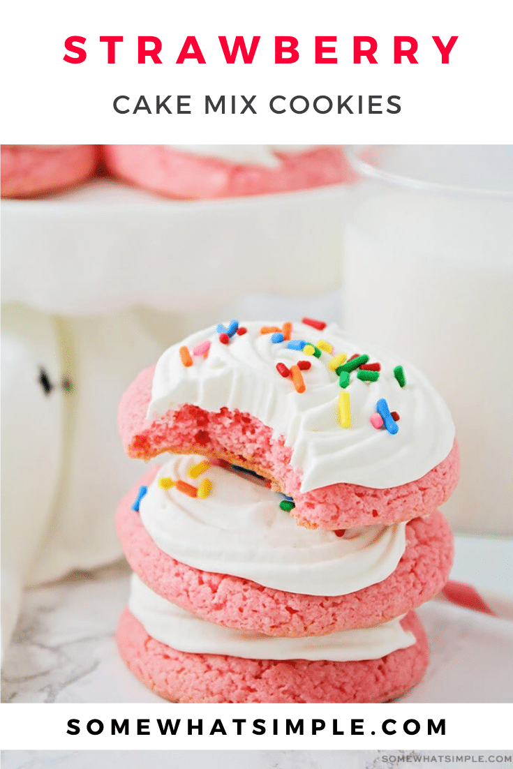 Strawberry cake mix cookies are so easy to make, and have the most delicious strawberry flavor!  Using your favorite box of cake mix, you can make this cookie recipe in just minutes with virtually no hassle! #strawberrycakemixcookies #strawberrycakeboxcookies #howtomakecookieswithcakemix #strawberrycakemixcookierecipe #strawberrycakemixcookieswithcreamcheesefrosting #easycookierecipe via @somewhatsimple