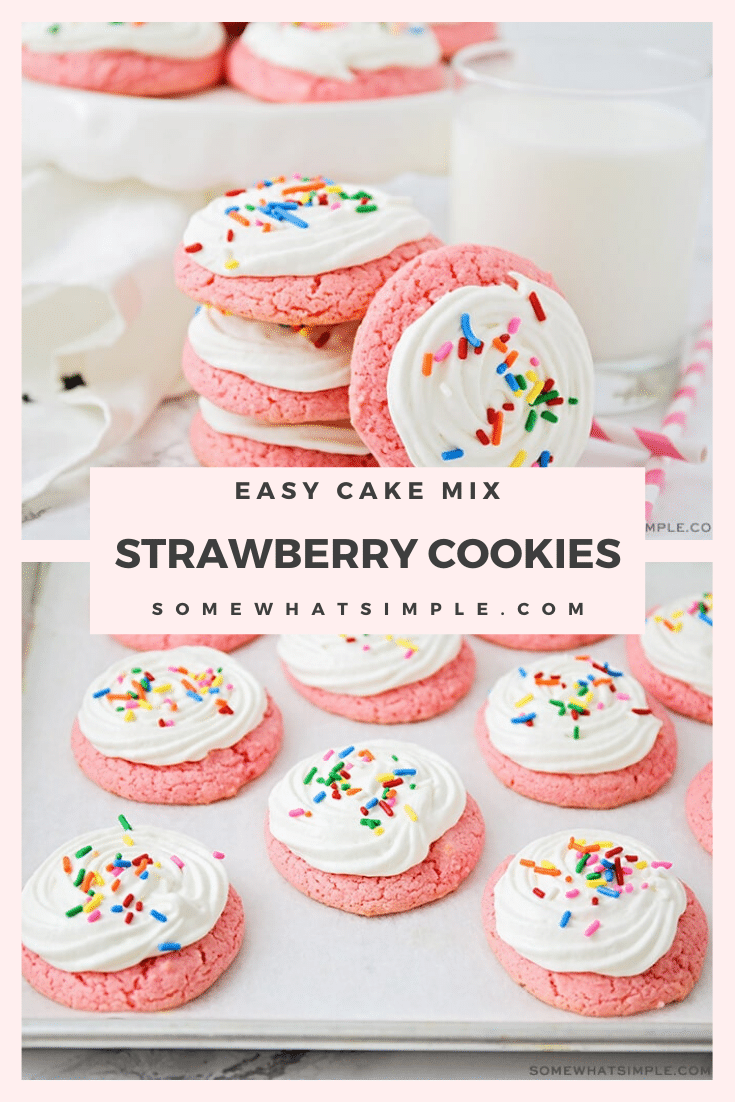 Strawberry cake mix cookies are so easy to make, and have the most delicious strawberry flavor!  Using your favorite box of cake mix, you can make this cookie recipe in just minutes with virtually no hassle! #strawberrycakemixcookies #strawberrycakeboxcookies #howtomakecookieswithcakemix #strawberrycakemixcookierecipe #strawberrycakemixcookieswithcreamcheesefrosting #easycookierecipe via @somewhatsimple