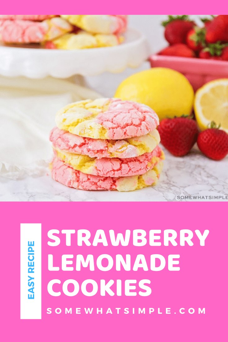 These strawberry lemonade cookies that are drizzled in a delicious icing, are the perfect combination of sweet and sour.  Made using cake mix, these cookies are fast and easy to make! #strawberrylemonadecookies #pinklemonadecookies #strawberrylemonadacakemixcookies #strawberrylemonadecookierecipe #easystrawberrylemonadecookies via @somewhatsimple