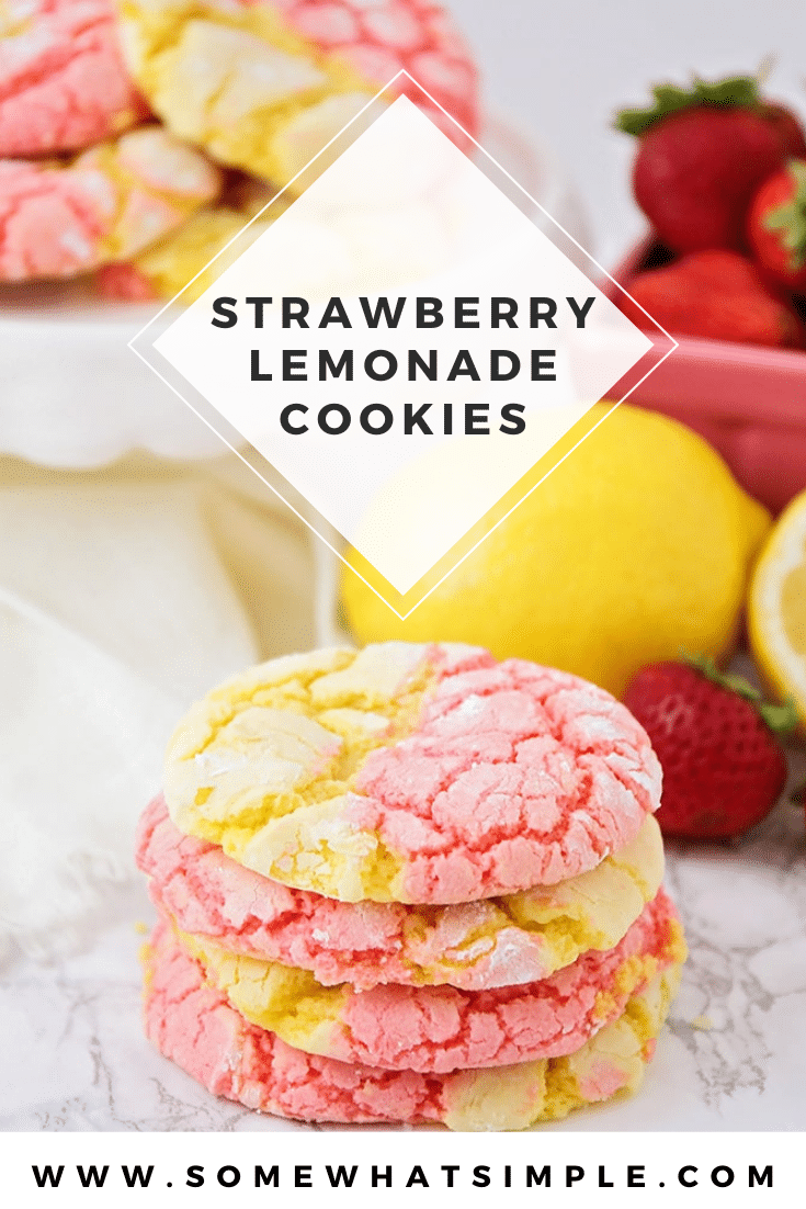 These strawberry lemonade cookies that are drizzled in a delicious icing, are the perfect combination of sweet and sour.  Made using cake mix, these cookies are fast and easy to make! #strawberrylemonadecookies #pinklemonadecookies #strawberrylemonadacakemixcookies #strawberrylemonadecookierecipe #easystrawberrylemonadecookies via @somewhatsimple