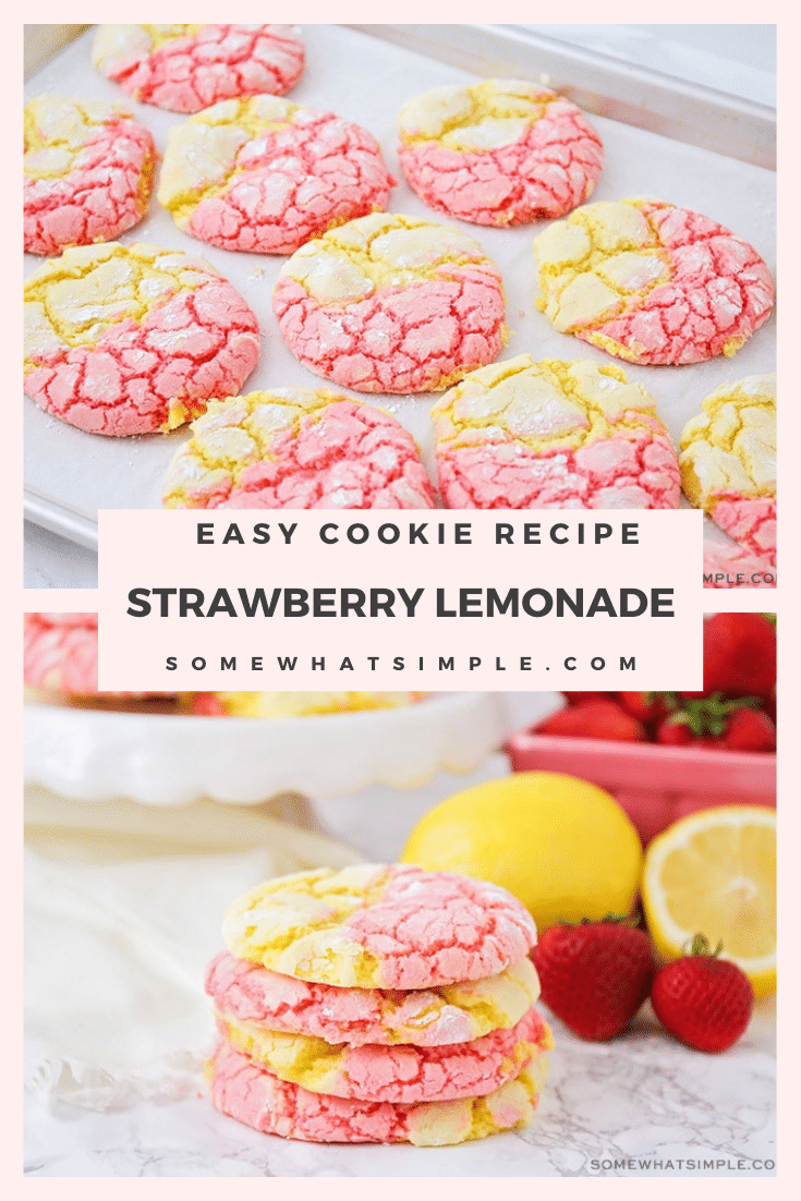 These strawberry lemonade cookies that are drizzled in a delicious icing, are the perfect combination of sweet and sour.  Made using cake mix, these cookies are fast and easy to make! #strawberrylemonadecookies #pinklemonadecookies #strawberrylemonadacakemixcookies #strawberrylemonadecookierecipe #easystrawberrylemonadecookies via @somewhatsimple