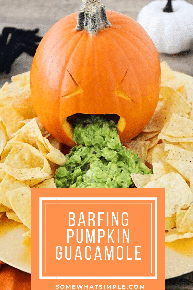Get some good laughs at your next Halloween party with this throwing up pumpkin guacamole!  It's the perfect addition for any party.  What screams Halloween more than having a pumpkin throwing up everyone's favorite dip! It's easy to make and everyone will love it! #barfingpumpkinguacamole #throwinguppumpkingguacamole #throwinguppumpkincarving #barfingpumpkindip #throwinguppumpkinghalloweenparty via @somewhatsimple