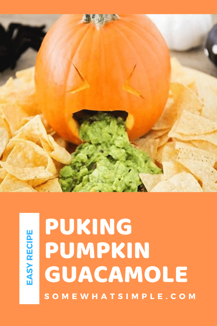 Get some good laughs at your next Halloween party with this throwing up pumpkin guacamole!  It's the perfect addition for any party.  What screams Halloween more than having a pumpkin throwing up everyone's favorite dip! It's easy to make and everyone will love it! #barfingpumpkinguacamole #throwinguppumpkingguacamole #throwinguppumpkincarving #barfingpumpkindip #throwinguppumpkinghalloweenparty via @somewhatsimple