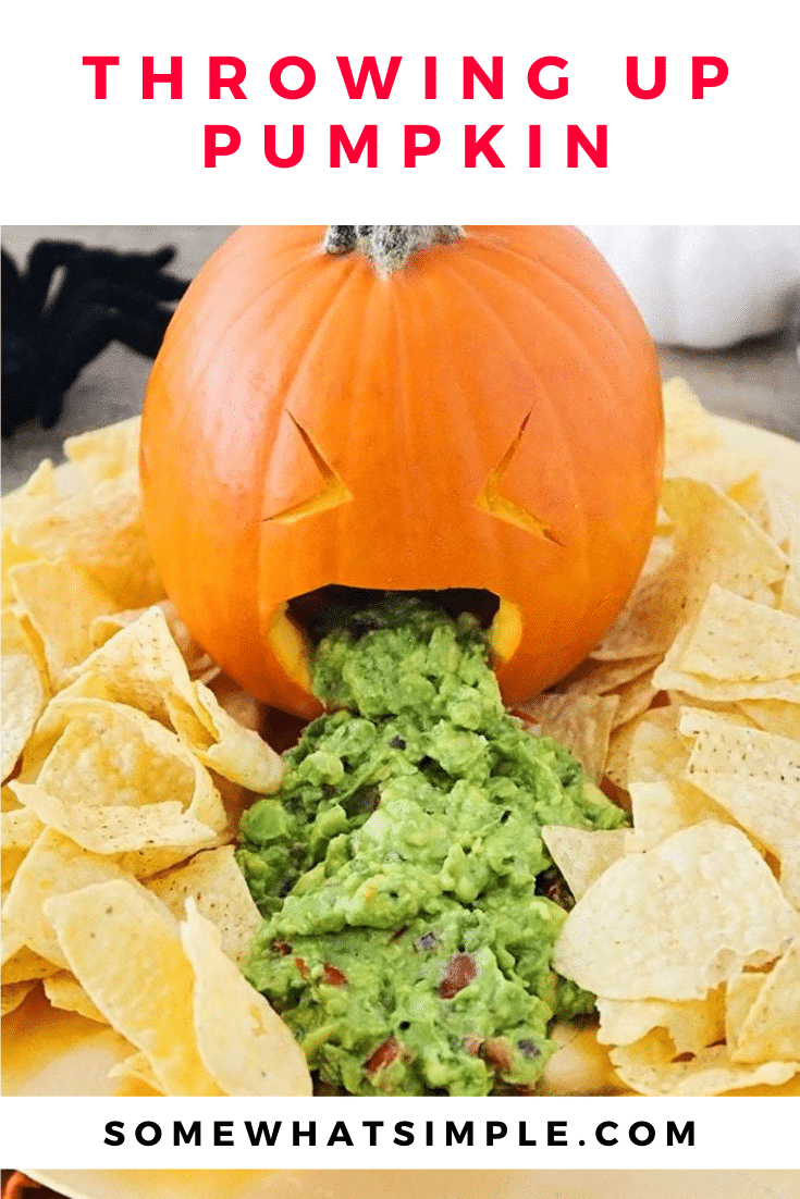 Get some good laughs at your next Halloween party with this throwing up pumpkin guacamole!  It's the perfect addition for any party.  What screams Halloween more than having a pumpkin throwing up everyone's favorite dip! It's easy to make and everyone will love it! #barfingpumpkinguacamole #throwinguppumpkingguacamole #throwinguppumpkincarving #barfingpumpkindip #throwinguppumpkinghalloweenparty via @somewhatsimple