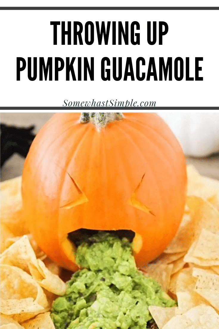 Get some good laughs at your next Halloween party with this throwing up pumpkin guacamole!  It's the perfect addition for any party.  What screams Halloween more than having a pumpkin throwing up everyone's favorite dip! It's easy to make and everyone will love it! #barfingpumpkinguacamole #throwinguppumpkingguacamole #throwinguppumpkincarving #barfingpumpkindip #throwinguppumpkinghalloweenparty via @somewhatsimple