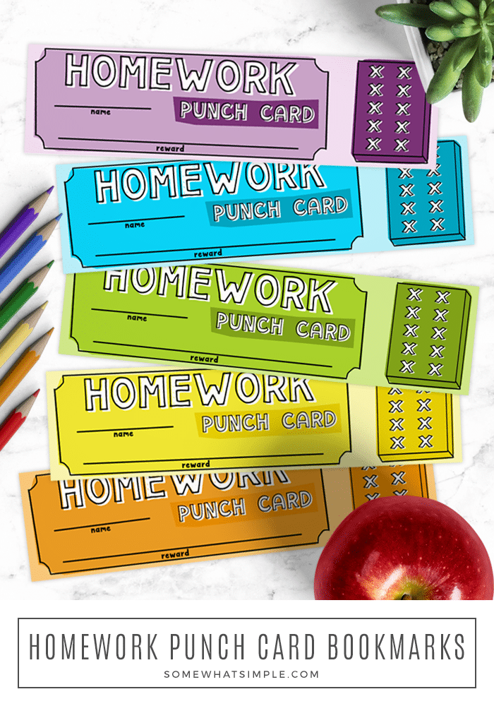 These free printable Homework Punch Card Bookmarks are the perfect incentive to get homework done, and make it more exciting! #homeworkpunchcards #freehomeworkpunchcards #homeworkincentivefreeprintable #freeprintablebookmarks #homeworkpunchcardbookmarksfreeprintable via @somewhatsimple
