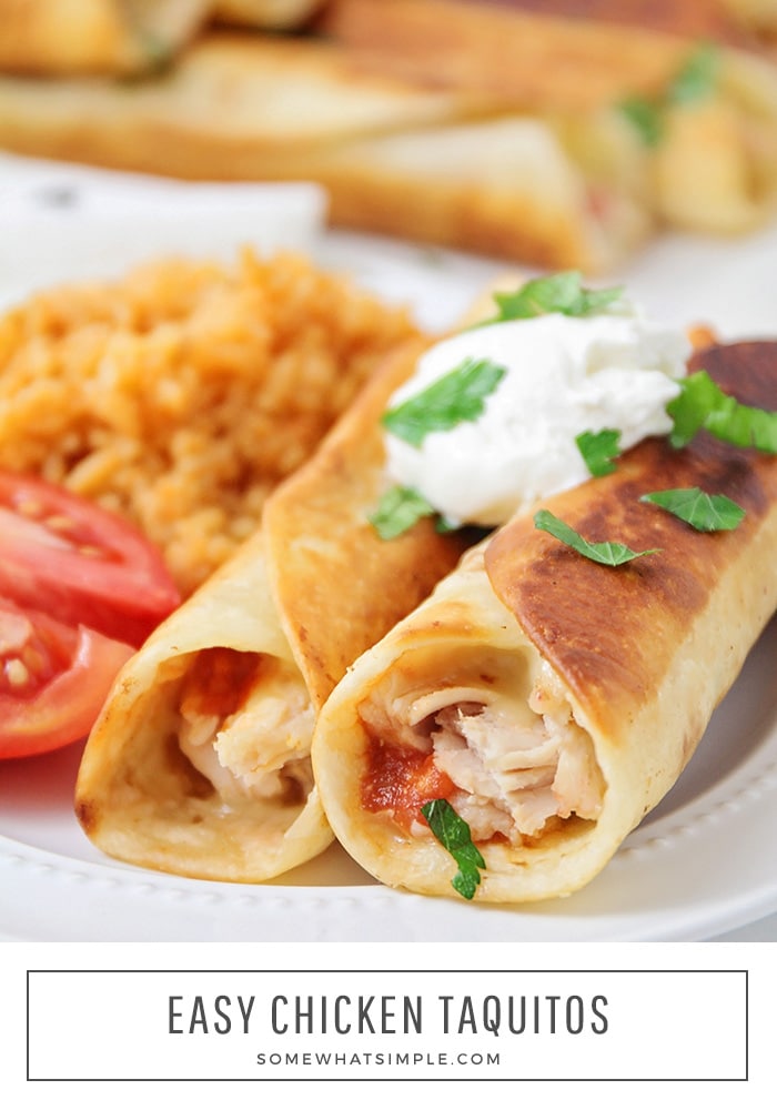 Chicken Taquitos have all the flavors of your favorite Mexican dish rolled up into one tasty, crispy tortilla roll! #chikentaquitos #chickentaquitorecipe #friedchickentaquitos #panfriedtaquitos #howtomakechickentaquitos via @somewhatsimple