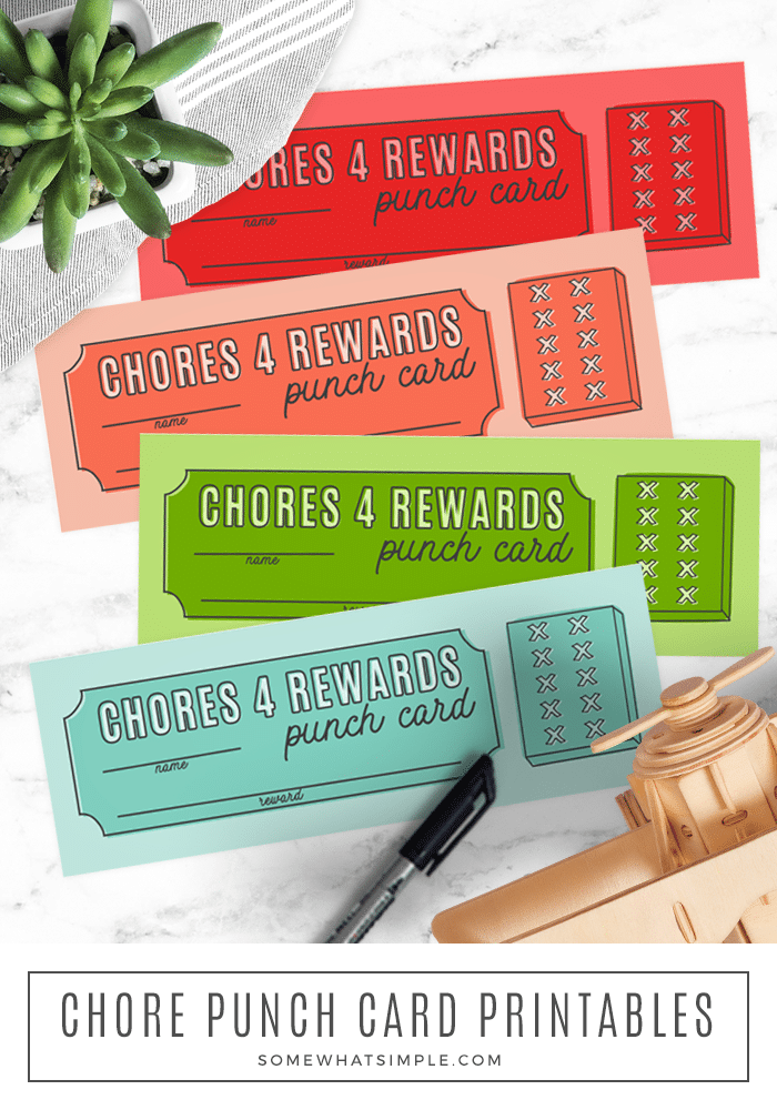 Chore Punch Card Printables are a great way to get the kids motivated and excited to help out around the house! #chore #charts #incentive #cleanup #kids #printable via @somewhatsimple