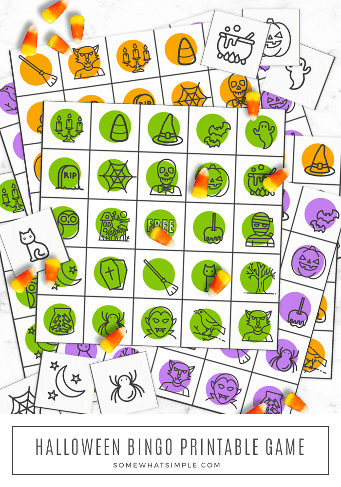 Halloween Bingo Printables are colorful, fun and perfect for all ages! 10 different cards to play with - just download, print, and have fun! via @somewhatsimple