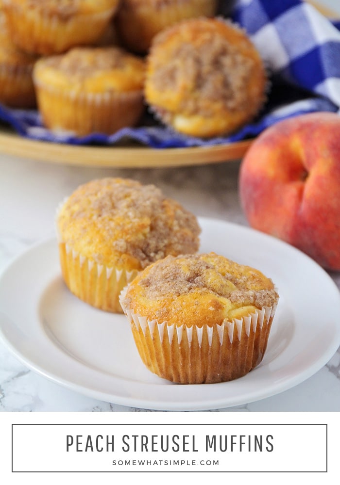 These sweet peach streusel muffins are simple to make! They're bursting with juicy peaches and topped with a delicious buttery streusel! #peachmuffins #peachstreuselmuffins #peachstreusel #peachmuffinsrecipe #buttermilkpeachmuffins via @somewhatsimple