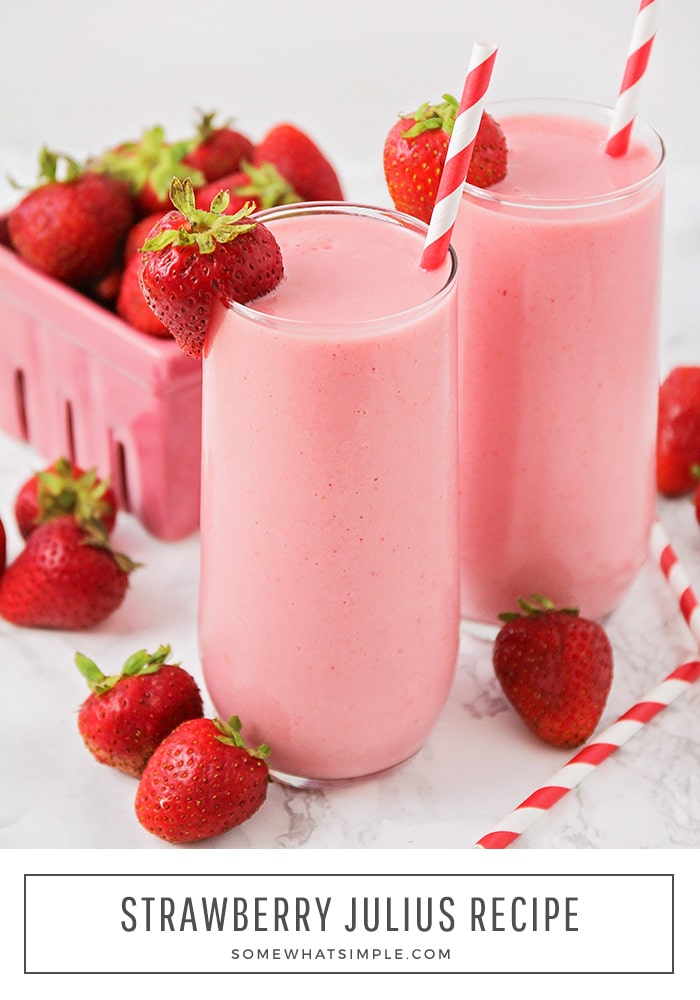 There is nothing is more refreshing than a great Strawberry Julius on a hot summer day! This easy copycat recipe is creamy, fresh and totally delicious! It's so good, you'll think you were hanging out at the mall in the 90s. #strawberrydrink #strawberrysmoothie #strawberryjuliuscopycatrecipe #strawberryjuliusrecipe #copycatstawberryjuliusrecipe via @somewhatsimple