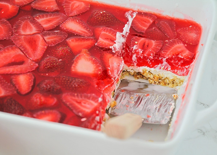 These sweet and elegant strawberry pretzel squares have layer upon layer of deliciousness. They're the perfect dessert to share with company!