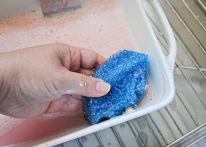 a person cleaning a dish with a sponge