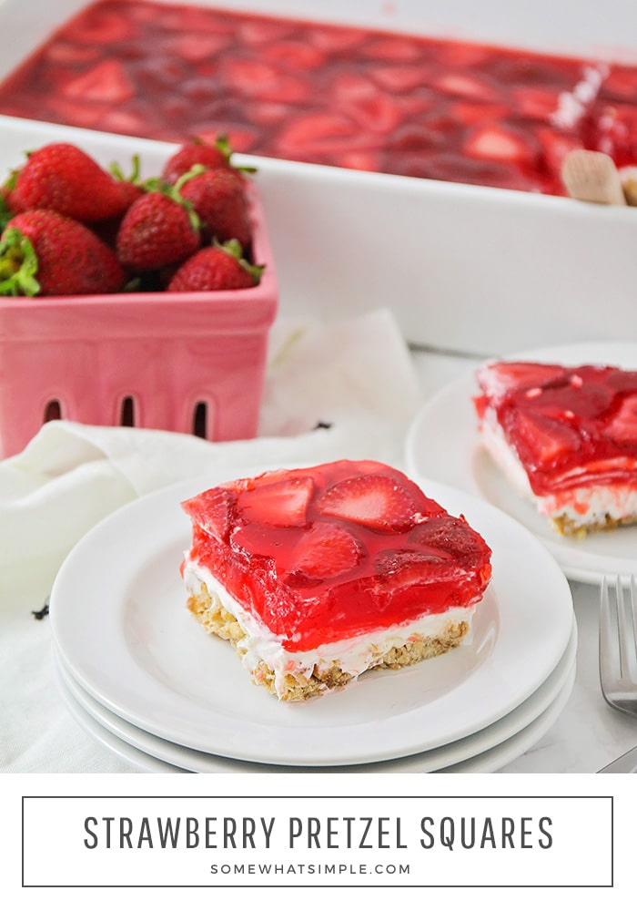 These simple strawberry pretzel squares have layer upon layer of deliciousness! A crunchy pretzel crust topped with a sweet cream cheese layer and fresh strawberry topping - they are simple to make and taste amazing! #strawberrypretzelsalad #strawberrypretzeldessert #strawberrypretzeljellosalad #strawberrypretzelsaldrecipe #strawberrypretzeldessertrecipe via @somewhatsimple