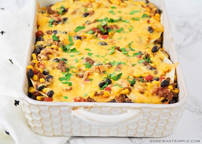 a casserole dish filled with freshly baked taco casserole 