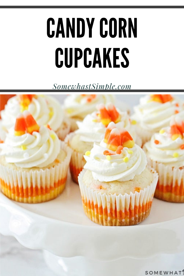 Candy corn cupcakes are a delicious treat that are adorably festive and super easy to make!  Those yellow, orange and white colors just scream Fall! The cupcakes are perfect to serve at a Halloween party or any fall event. via @somewhatsimple