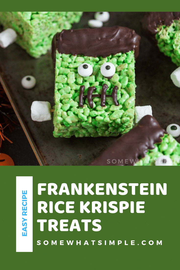 Frankenstein Rice Krispie Treats make a fun, kid friendly dessert that's perfect to make during the Halloween season! They are perfect to snack on after school or at your Halloween party.  Not only are they a lot of fun to make but they taste amazing! via @somewhatsimple