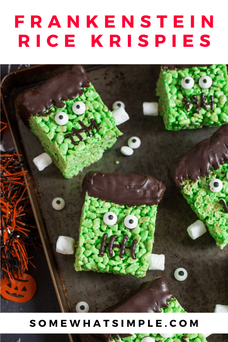 Frankenstein Rice Krispie Treats make a fun, kid friendly dessert that's perfect to make during the Halloween season! They are perfect to snack on after school or at your Halloween party.  Not only are they a lot of fun to make but they taste amazing! via @somewhatsimple