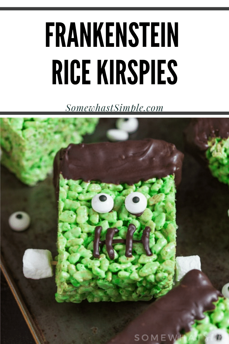 Frankenstein Rice Krispie Treats make a fun, kid friendly dessert that's perfect to make during the Halloween season! They are perfect to snack on after school or at your Halloween party.  Not only are they a lot of fun to make but they taste amazing! via @somewhatsimple