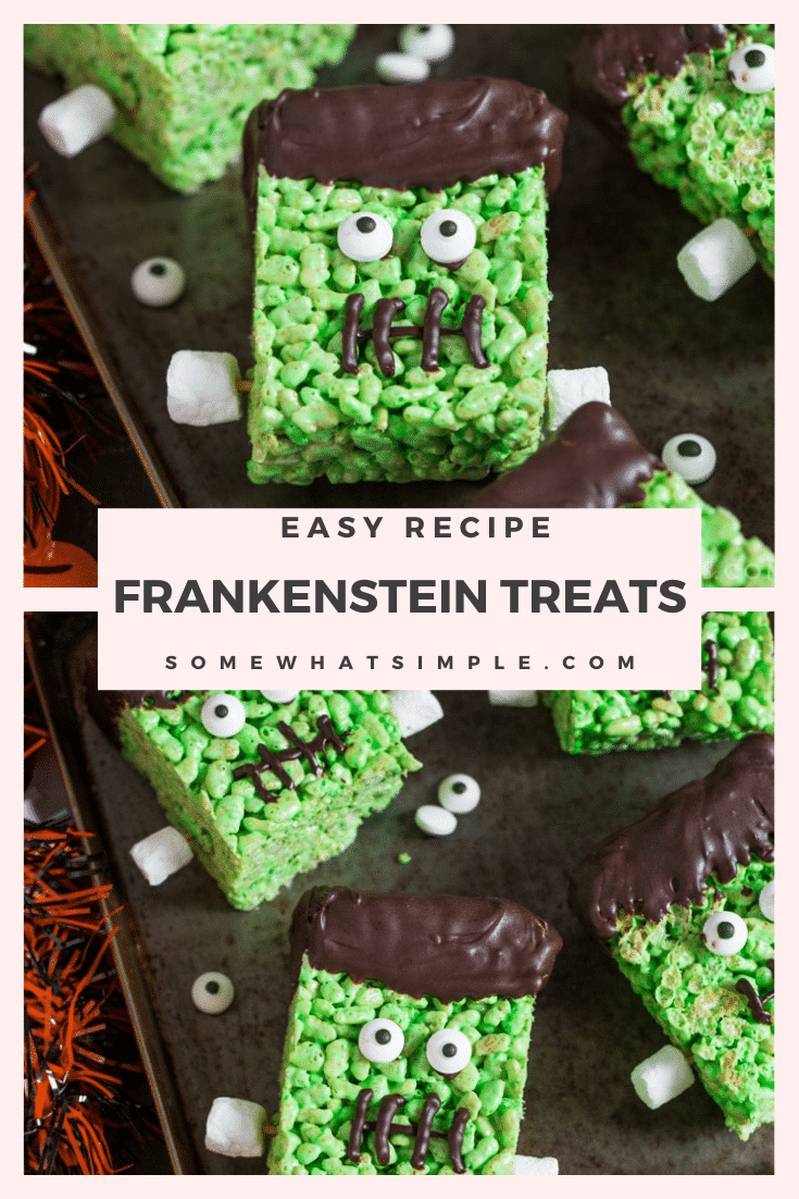 Frankenstein Rice Krispie Treats make a fun, kid friendly dessert that's perfect to make during the Halloween season! They are perfect to snack on after school or at your Halloween party.  Not only are they a lot of fun to make but they taste amazing! via @somewhatsimple