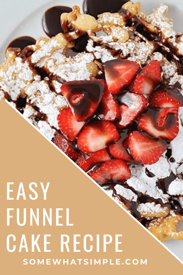 These simple homemade funnel cakes are so easy to make! Dust them with powdered sugar, or pile them high with delicious toppings! Now you can enjoy your favorite theme park treat from the comfort of your own home! #funnelcakes #funnelcakerecipe #easyfunnelcakerecipe #howtomakefunnelcakes #homemadefunnelcakesrecipe via @somewhatsimple