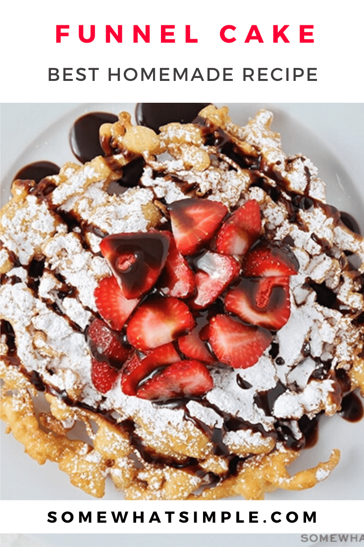 These simple homemade funnel cakes are so easy to make! Dust them with powdered sugar, or pile them high with delicious toppings! Now you can enjoy your favorite theme park treat from the comfort of your own home! #funnelcakes #funnelcakerecipe #easyfunnelcakerecipe #howtomakefunnelcakes #homemadefunnelcakesrecipe via @somewhatsimple