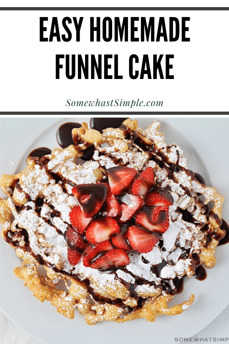 These simple homemade funnel cakes are so easy to make! Dust them with powdered sugar, or pile them high with delicious toppings! Now you can enjoy your favorite theme park treat from the comfort of your own home! #funnelcakes #funnelcakerecipe #easyfunnelcakerecipe #howtomakefunnelcakes #homemadefunnelcakesrecipe via @somewhatsimple