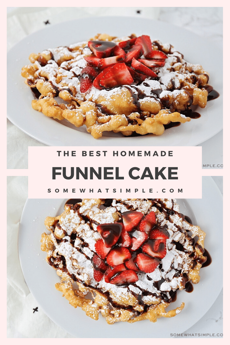 These simple homemade funnel cakes are so easy to make! Dust them with powdered sugar, or pile them high with delicious toppings! Now you can enjoy your favorite theme park treat from the comfort of your own home! #funnelcakes #funnelcakerecipe #easyfunnelcakerecipe #howtomakefunnelcakes #homemadefunnelcakesrecipe via @somewhatsimple