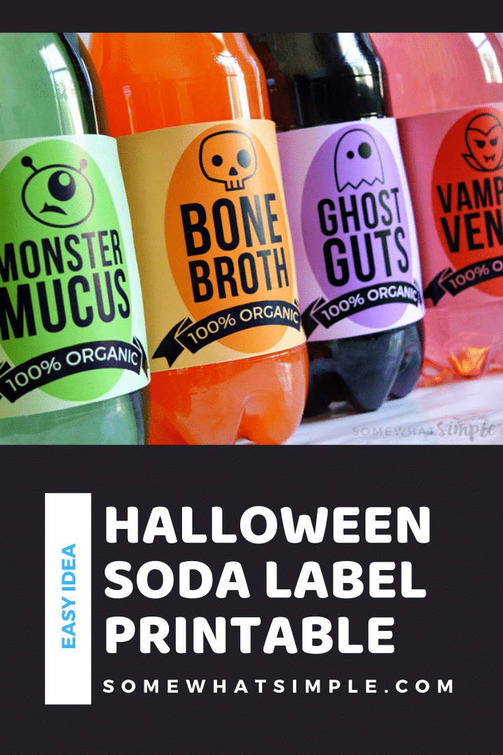 These Halloween soda labels are a simple way to add some fun and a festive touch to your next Halloween party!  Simply cut them out and stick them to your 2 liter soda bottles. Grab your printable today and get started. #printablehalloweensodalabels #halloweensodaideas #halloweensodalabels #printablehalloweensodawrappers #halloweensodalabelsfreeprintable via @somewhatsimple