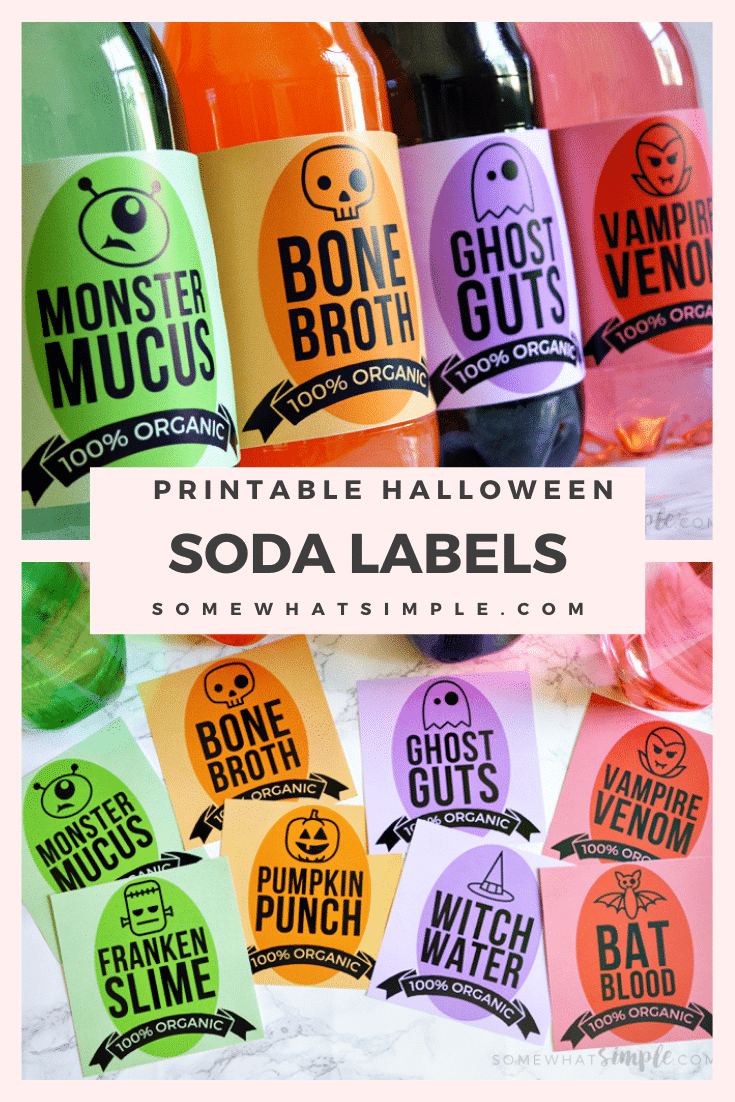 These Halloween soda labels are a simple way to add some fun and a festive touch to your next Halloween party!  Simply cut them out and stick them to your 2 liter soda bottles. Grab your printable today and get started. #printablehalloweensodalabels #halloweensodaideas #halloweensodalabels #printablehalloweensodawrappers #halloweensodalabelsfreeprintable via @somewhatsimple