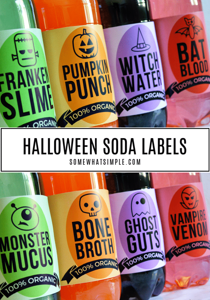 These Halloween soda labels are a simple way to add some fun and a festive touch to your next Halloween party!  Simply cut them out and stick them to your 2 liter soda bottles. Grab your printable today and get started. #printablehalloweensodalabels #halloweensodaideas #halloweensodalabels #printablehalloweensodawrappers #halloweensodalabelsfreeprintable via @somewhatsimple