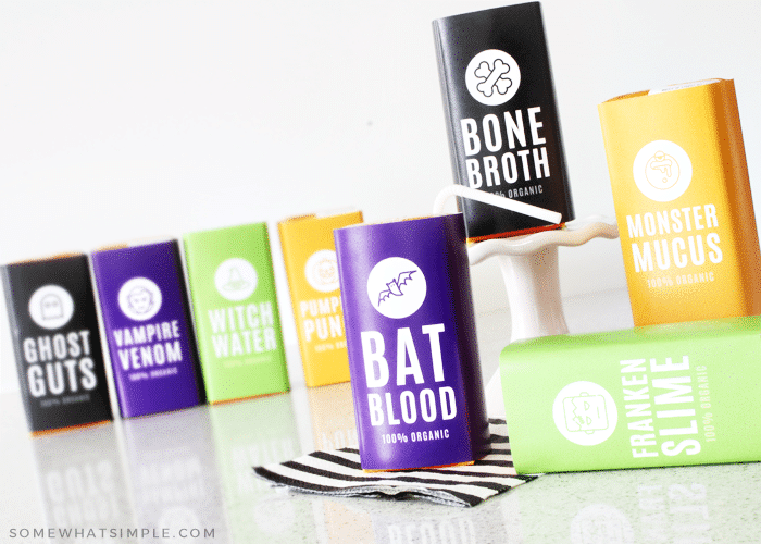 juice boxes covered in Halloween labels from our printable