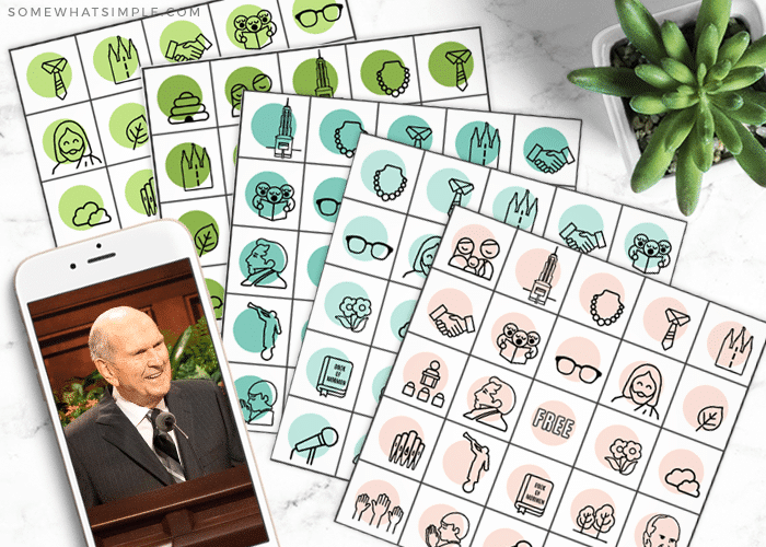 lds general conference bingo sheets from this free printable pack are layed out on a counter