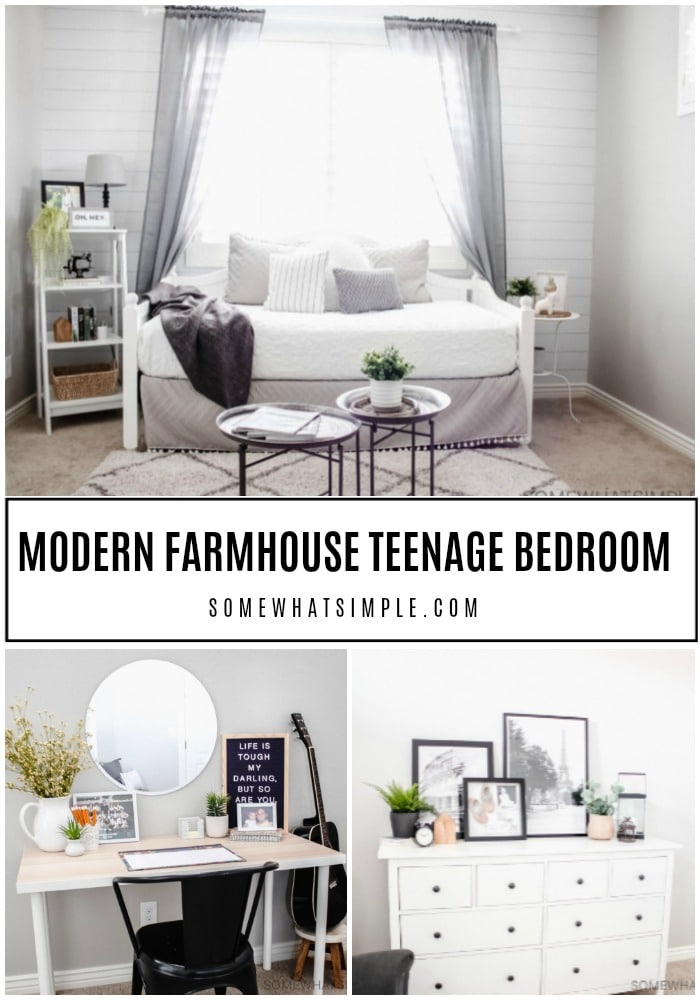 A modern farmhouse design for this teen girl bedroom is both simple and sophisticated. The perfect place to relax, study, and hang out with friends! #modernfarmhouse #decor #teenbedroom #teengirlbedroom via @somewhatsimple