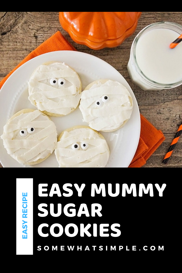 These delicious Halloween mummy sugar cookies are adorable and perfect dessert for Halloween! in just a few easy steps, transform a simple sugar cookie into a festive treat! They're perfect for a Halloween party or just an afternoon snack. via @somewhatsimple