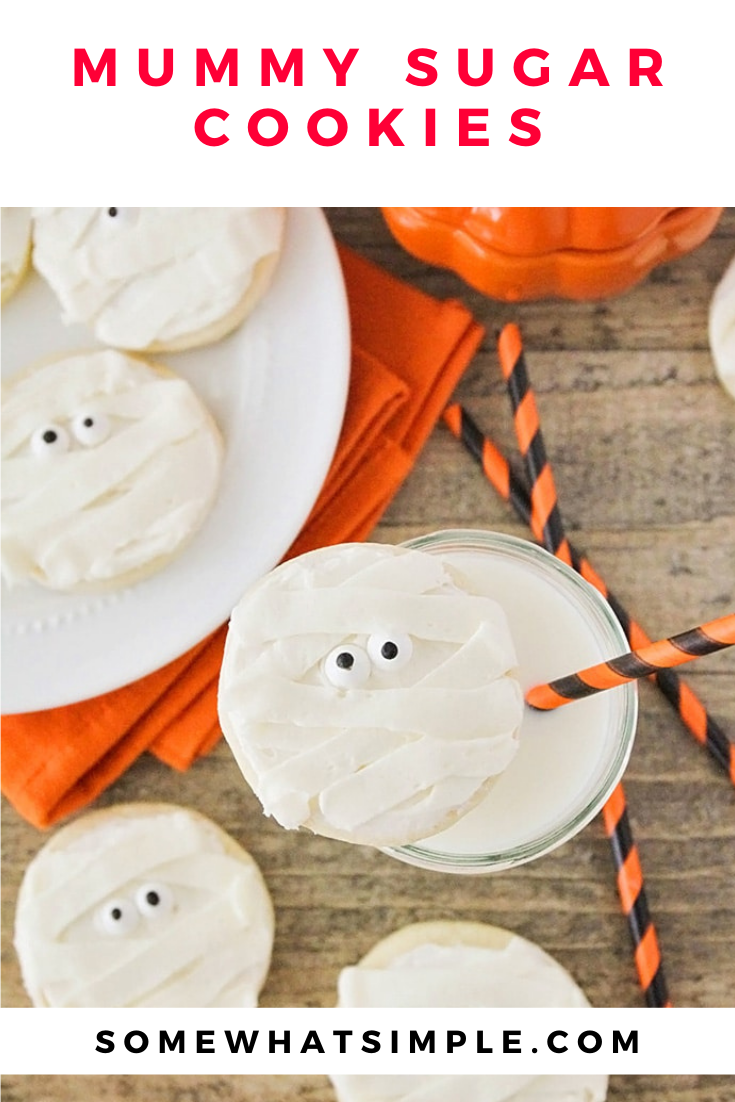 These delicious Halloween mummy sugar cookies are adorable and perfect dessert for Halloween! in just a few easy steps, transform a simple sugar cookie into a festive treat! They're perfect for a Halloween party or just an afternoon snack. via @somewhatsimple