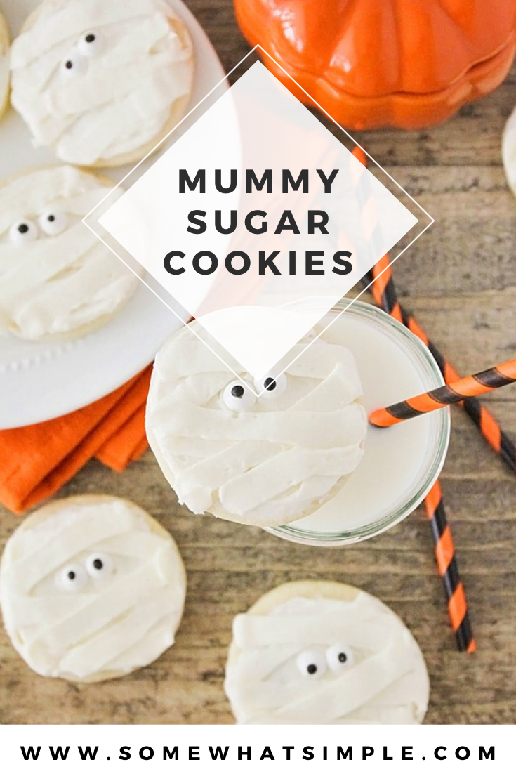 These delicious Halloween mummy sugar cookies are adorable and perfect dessert for Halloween! in just a few easy steps, transform a simple sugar cookie into a festive treat! They're perfect for a Halloween party or just an afternoon snack. via @somewhatsimple