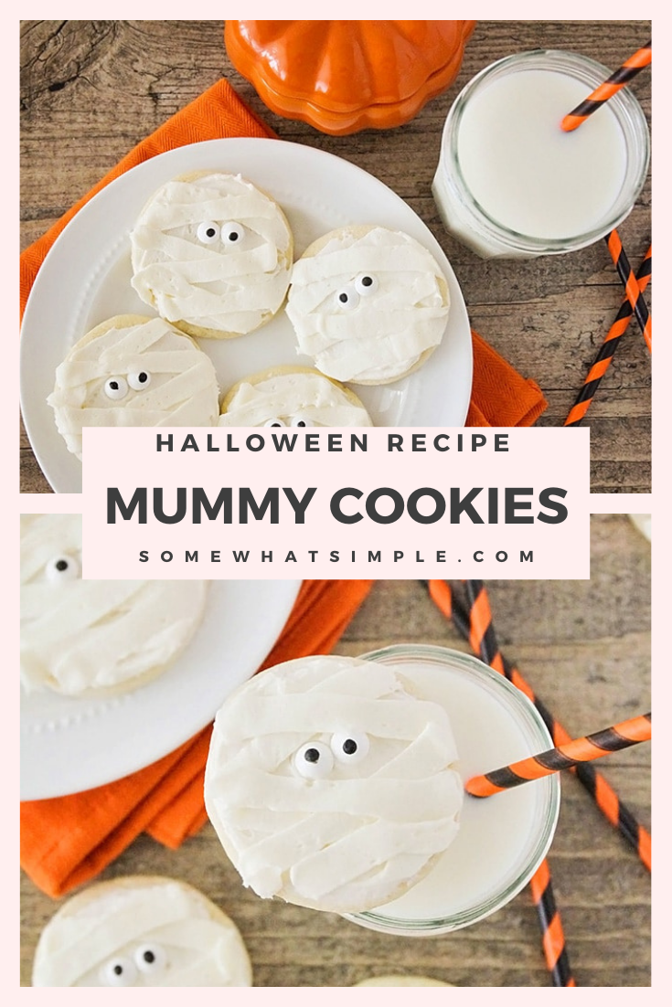 These delicious Halloween mummy sugar cookies are adorable and perfect dessert for Halloween! in just a few easy steps, transform a simple sugar cookie into a festive treat! They're perfect for a Halloween party or just an afternoon snack. via @somewhatsimple