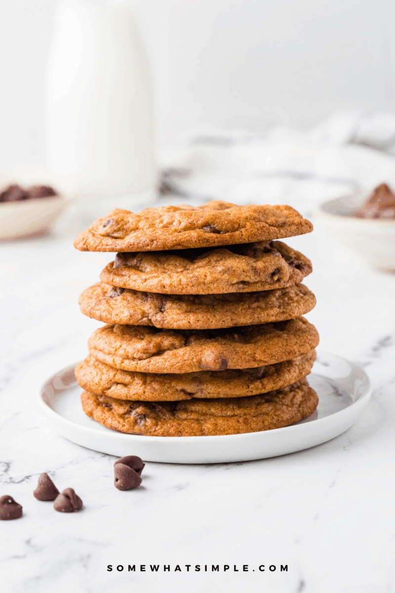 Close up of a stack of Nutella-Stuffed Chocolate Chip Cookies
