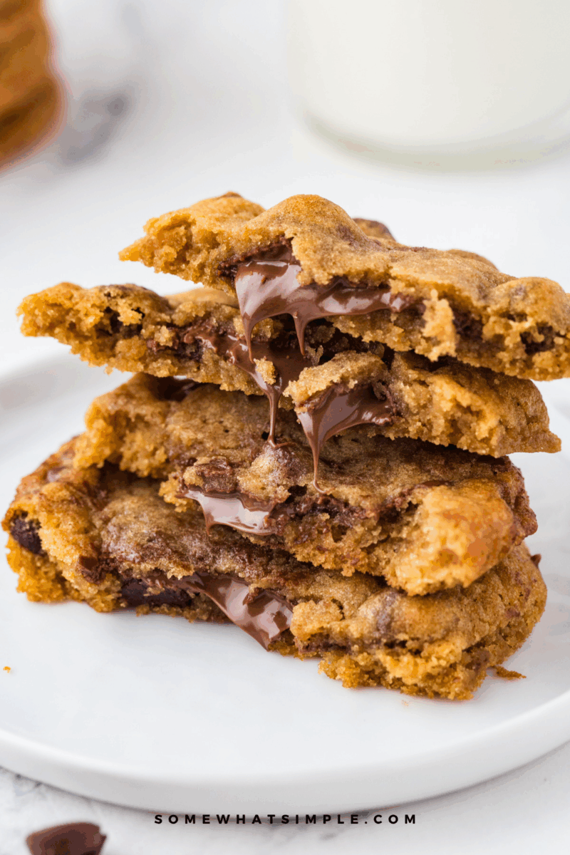 the gooey insides of a stack of Nutella Chocolate Chip Cookies