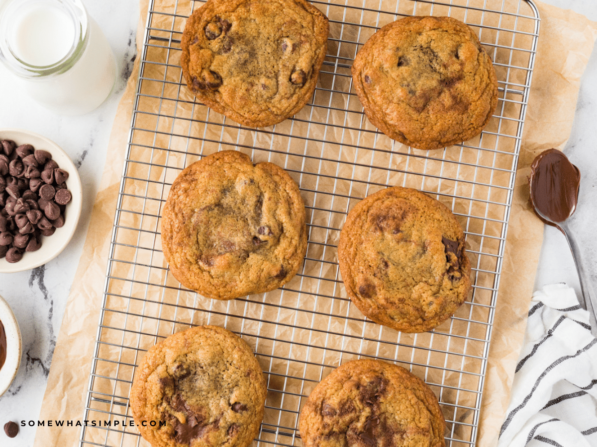 baked and cooling Nutella Chocolate Chip Cookies