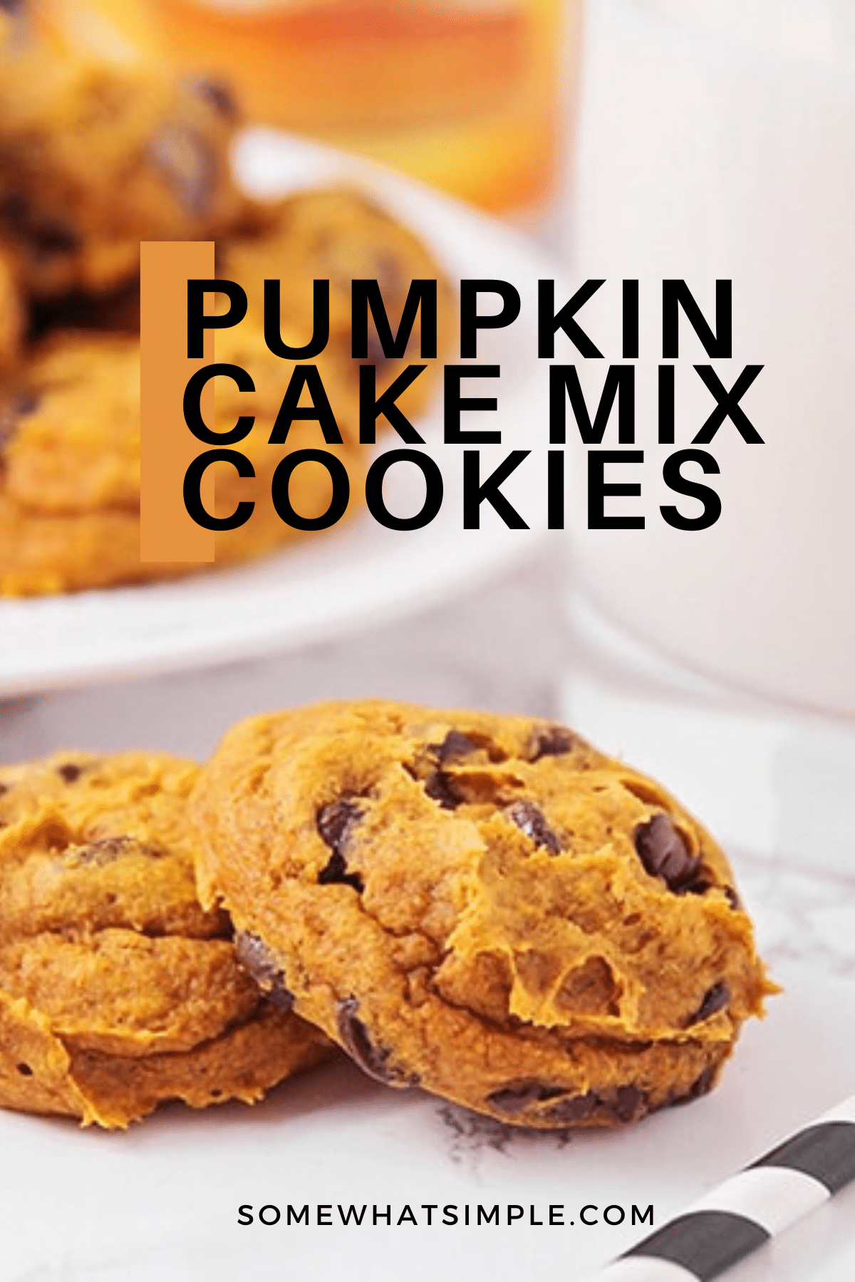 Welcome in the cool fall weather with these cake mix pumpkin chocolate chip cookies! With only 3 ingredients, they are easy to make and taste DELICIOUS! #pumpkinchocolatechipcookies #cakemixpumpkincookies #easy3ingredientpumpkincookies #cakemixpumpkinchocolatechipcookies #cakemixpumpkinchocolatechipcookiesrecipe via @somewhatsimple