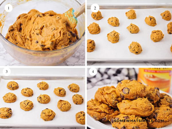 collage of images showing how to make Pumpkin Cake Mix Cookies with 2 ingredients