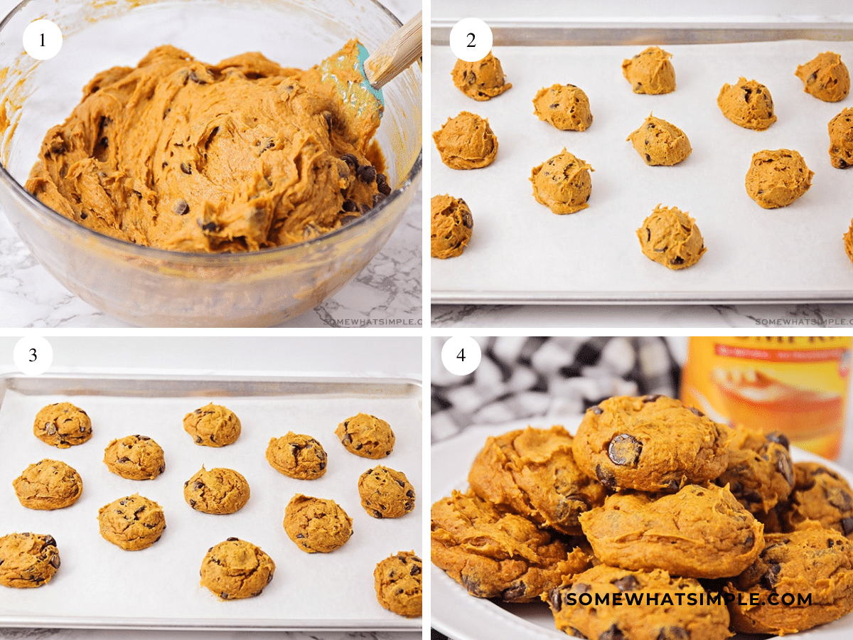 collage of images showing how to make Pumpkin Cake Mix Cookies with 2 ingredients