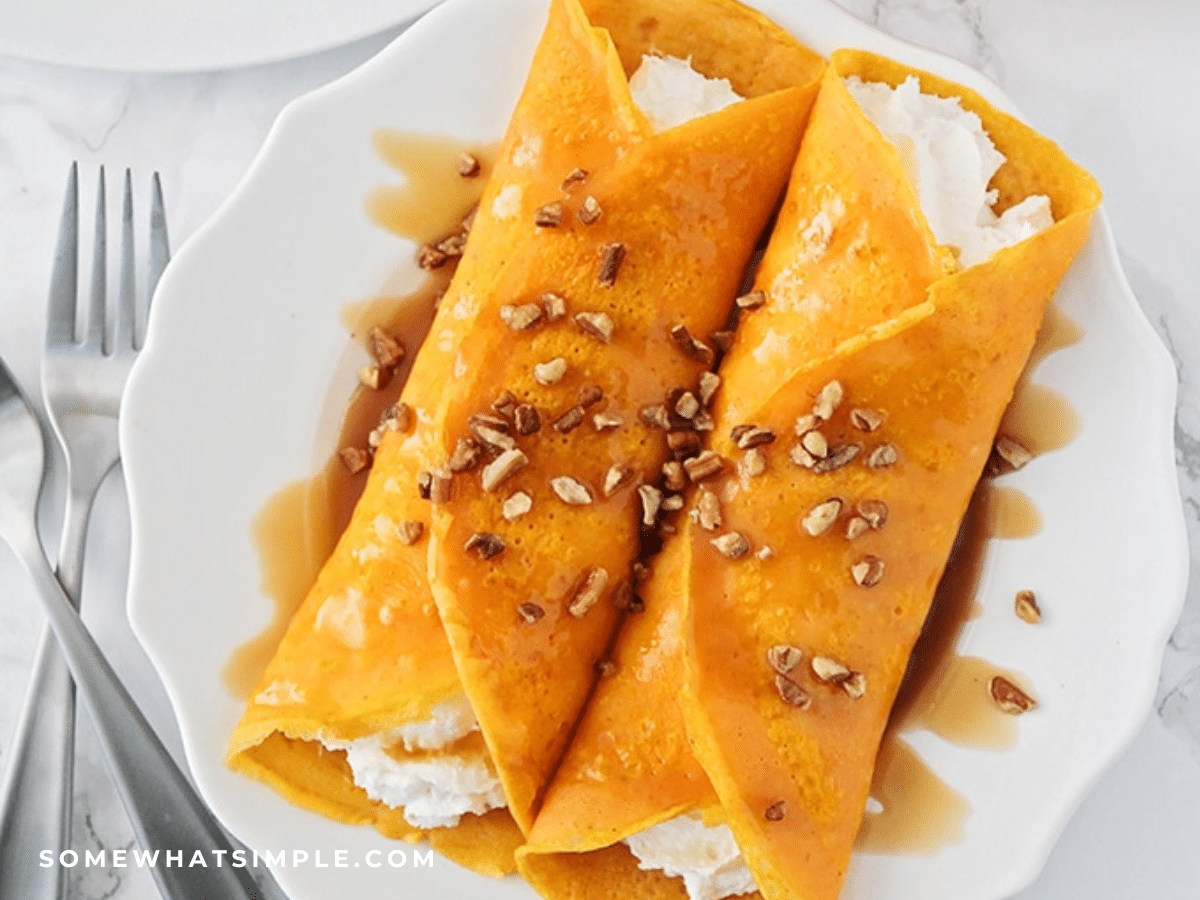 close up of Pumpkin Cheesecake Crepes