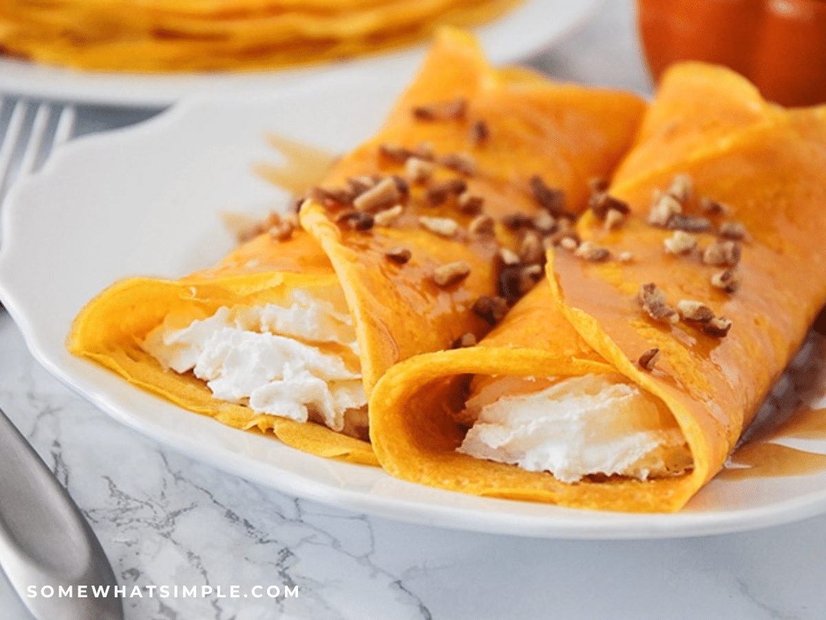 close up of Pumpkin Cheesecake Crepes