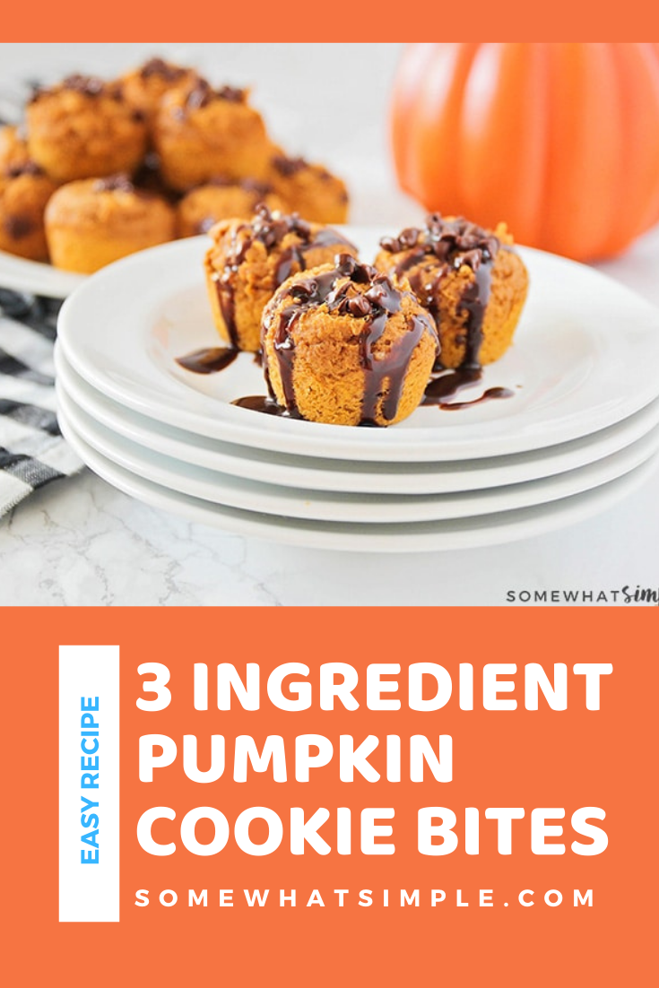 These Pumpkin Cookie Bites are made with only 3 ingredients and are ready in just 10 minutes! They are super easy to make and turn out soft and delicious every time! They're a simple fall dessert that can be enjoyed anytime! via @somewhatsimple