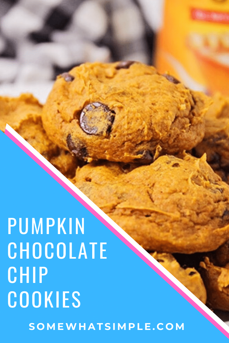 Welcome in the cool fall weather with these cake mix pumpkin chocolate chip cookies! With only 3 ingredients, they are easy to make and taste DELICIOUS! #pumpkinchocolatechipcookies #cakemixpumpkincookies #easy3ingredientpumpkincookies #cakemixpumpkinchocolatechipcookies #cakemixpumpkinchocolatechipcookiesrecipe via @somewhatsimple